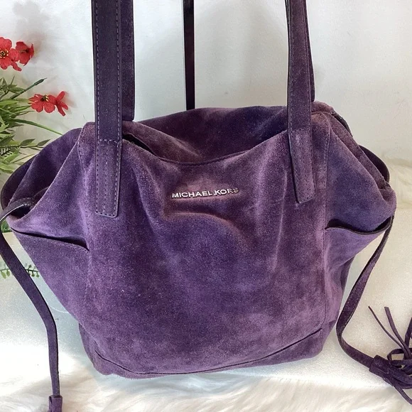 MICHAEL KORS ASHBURY HIPPIE BOHO SLOUCHY RAW SUEDE LEATHER HANDBAG VIOLET - Picture 4 of 15